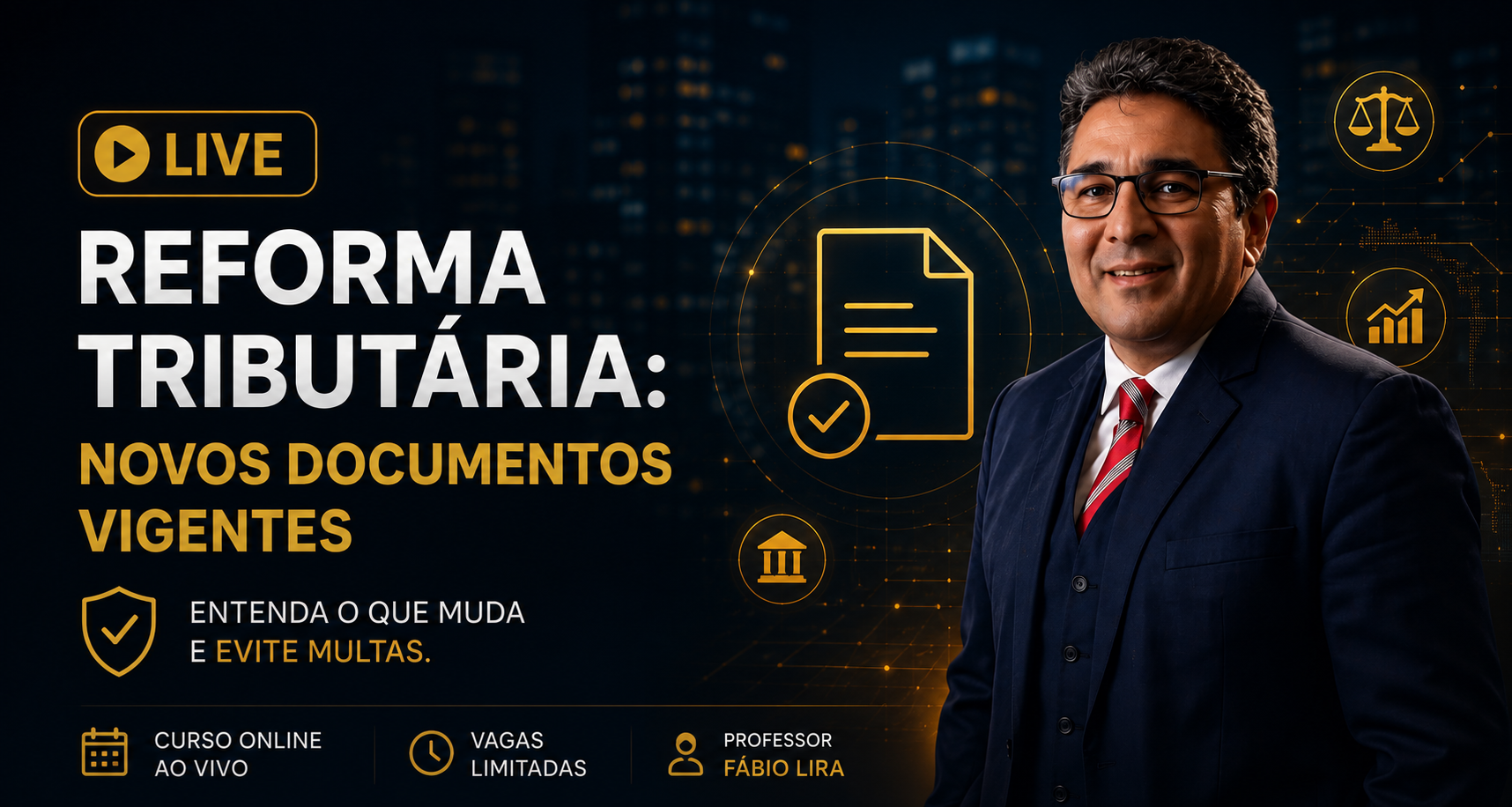 Capa do curso LIVE Reforma Tributária: Novos Documentos Vigentes com o Prof. Fábio Lira